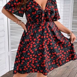 SHEIN VCAY Plus Allover Cherry Print Knot Front Butterfly Sleeve Dress
